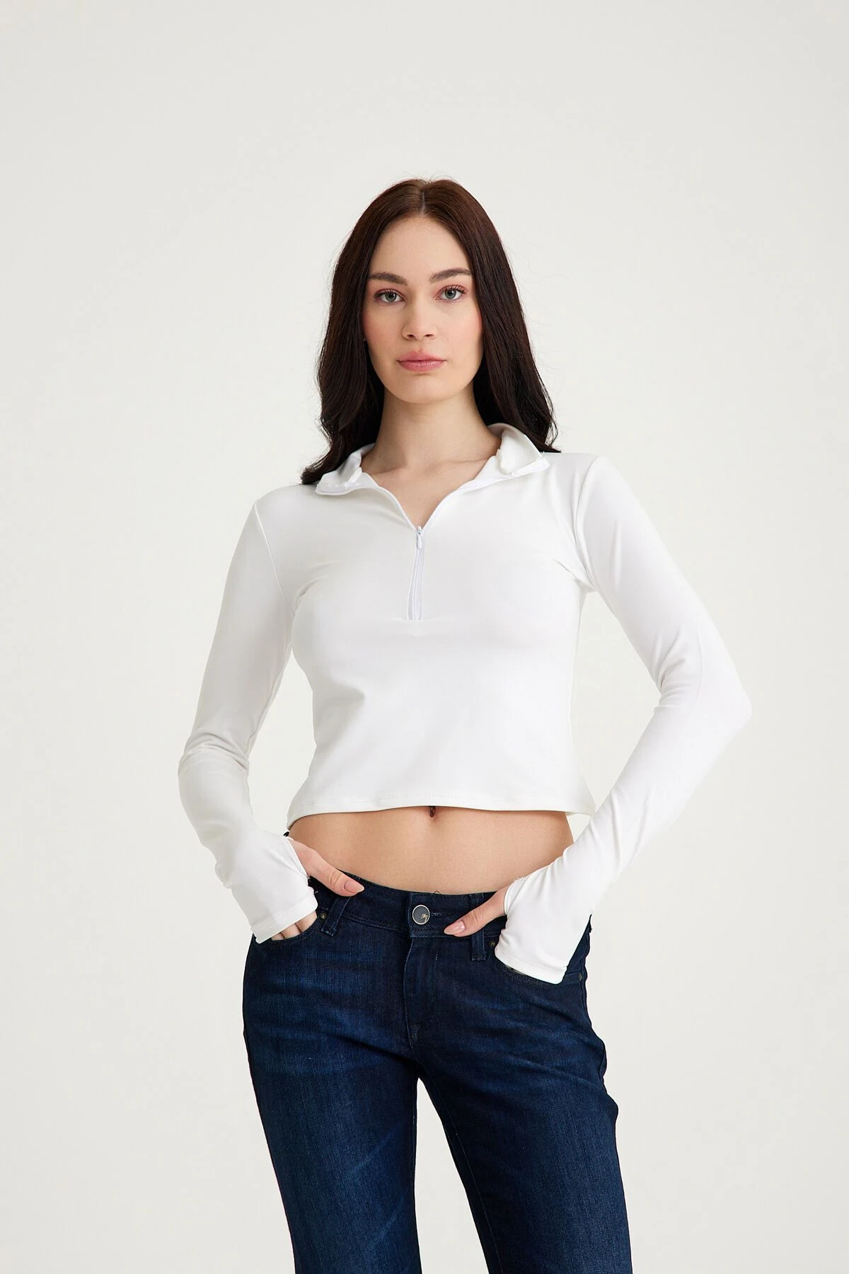 Mh Yarım Fermuarlı Dik Yaka Crop