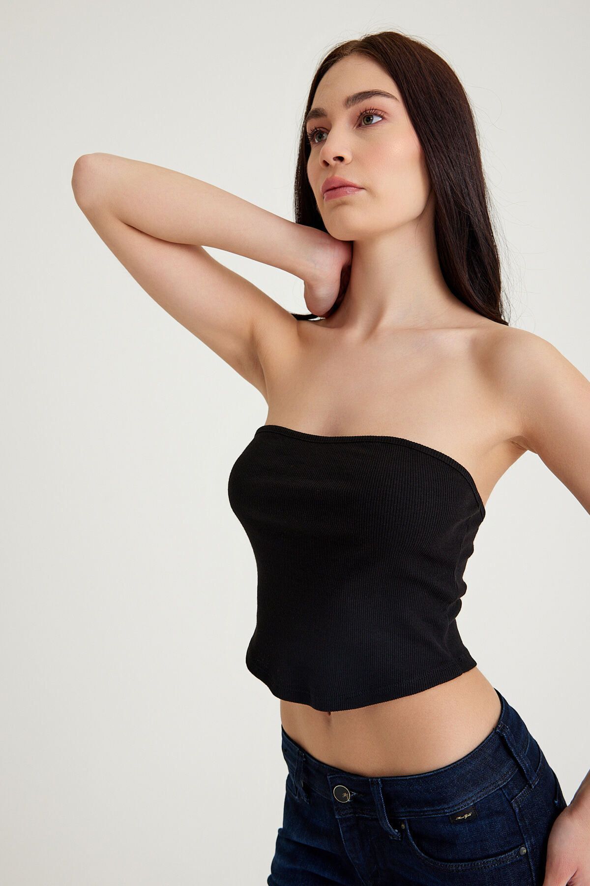 Straplez Kadın Crop Top Büstiyer Siyah