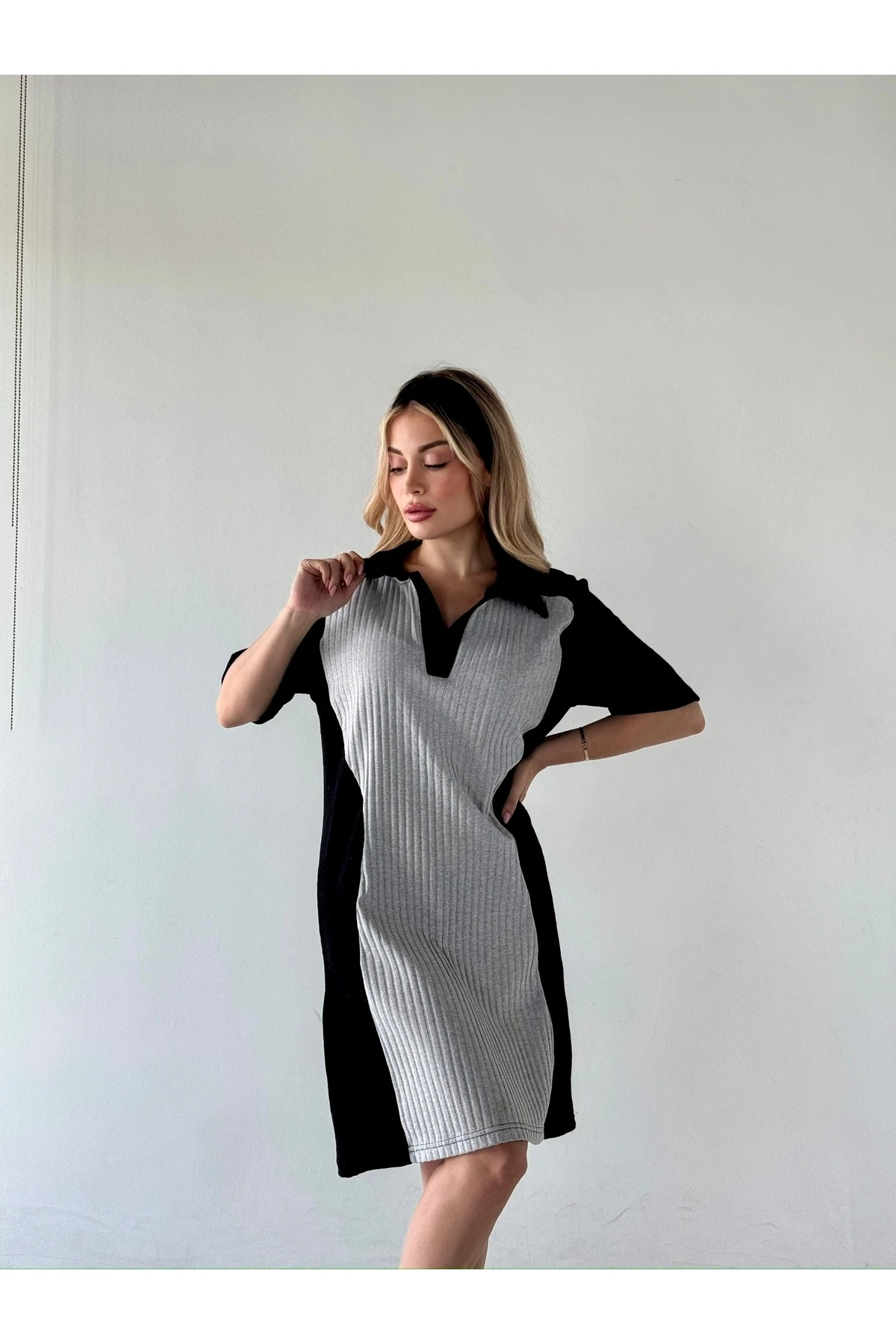 Mh Çift Renk Polo Yaka Kaşkorse Midi Elbise