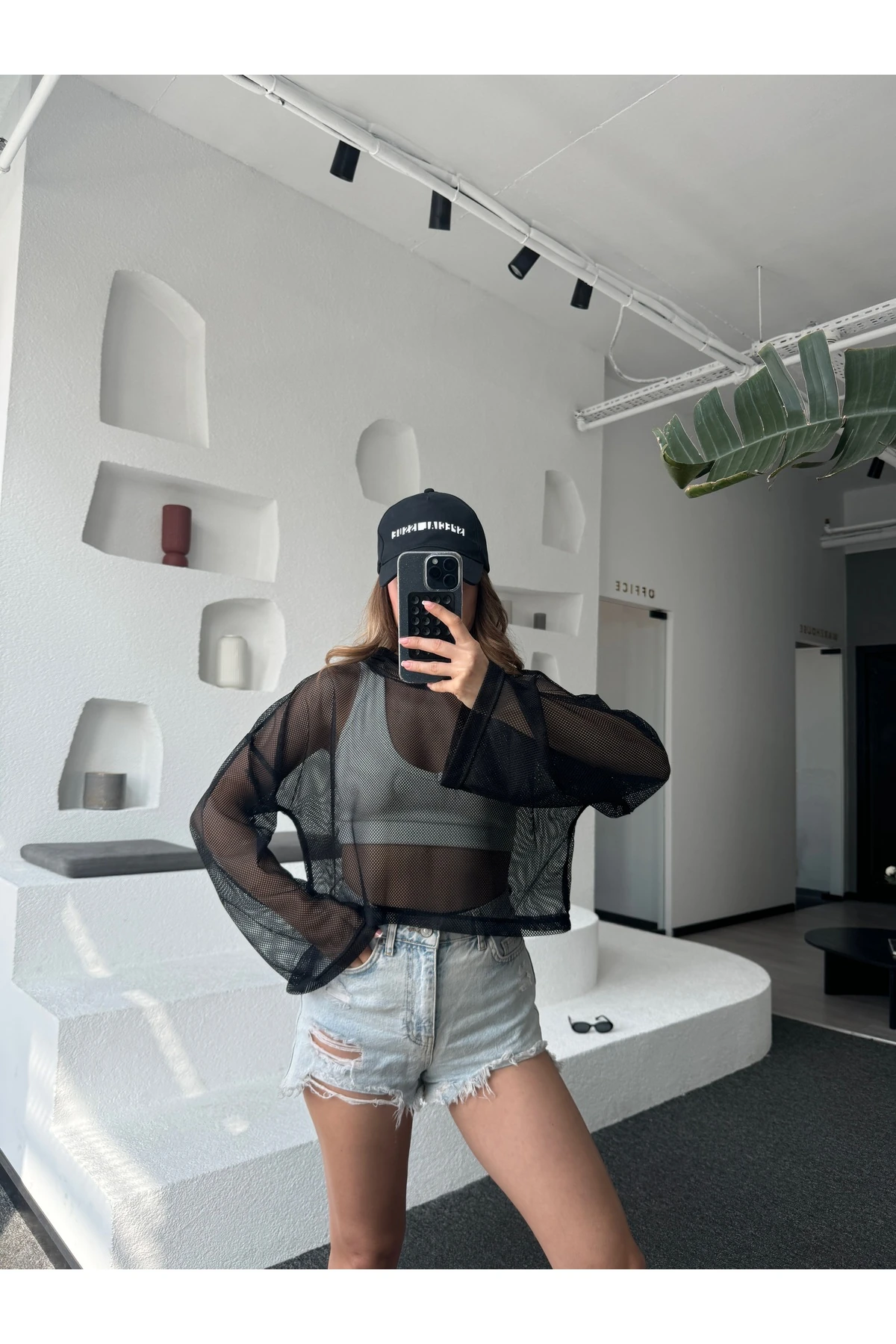 Kapişonlu File Oversize Crop