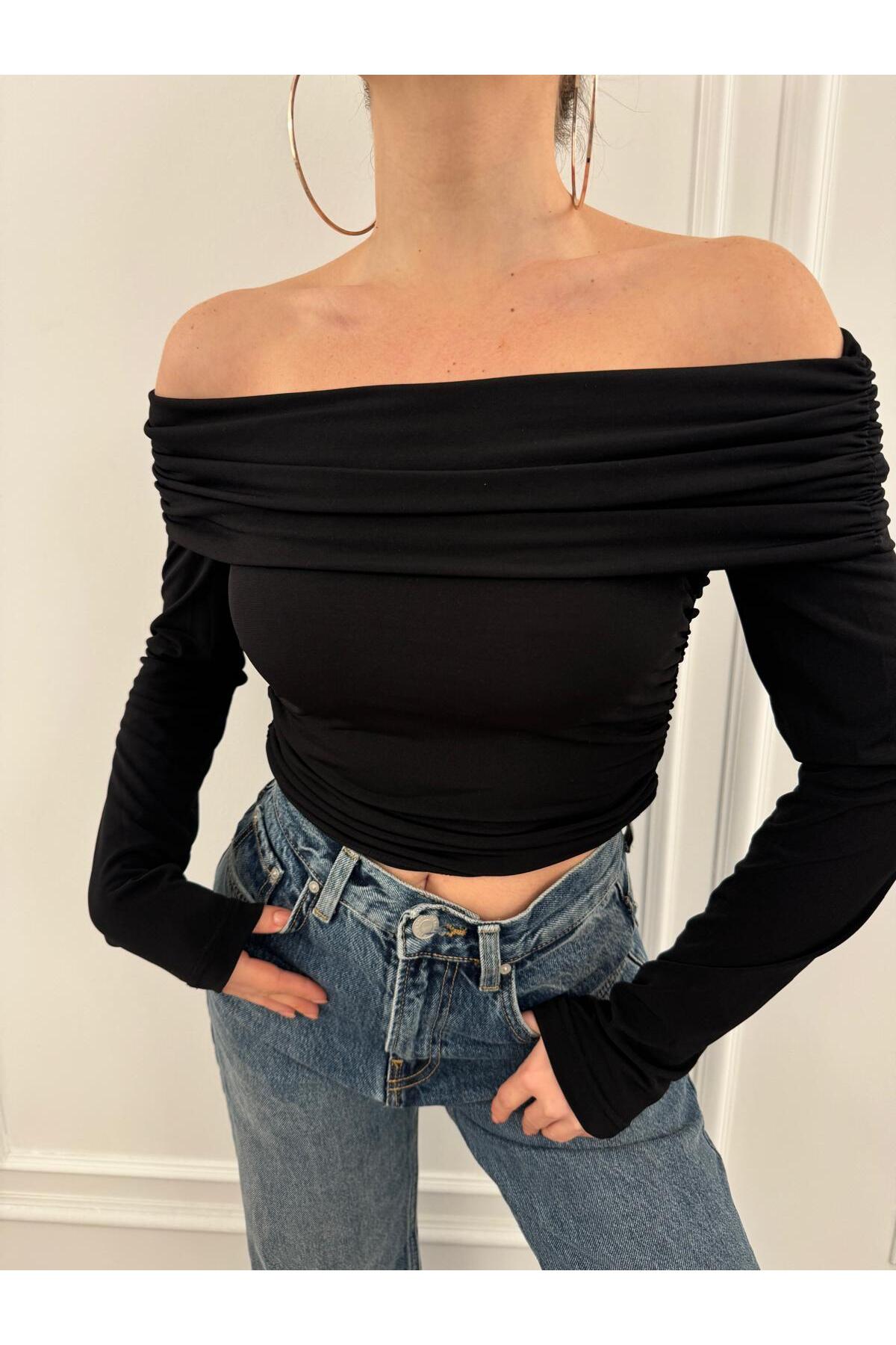 Madonna Yaka Uzun Kollu Kadın Bluz Siyah