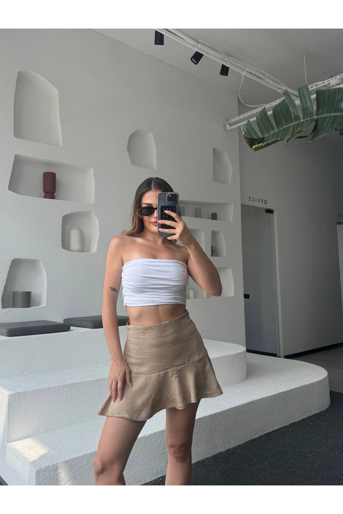 Keten Dokulu Kloş Mini Etek