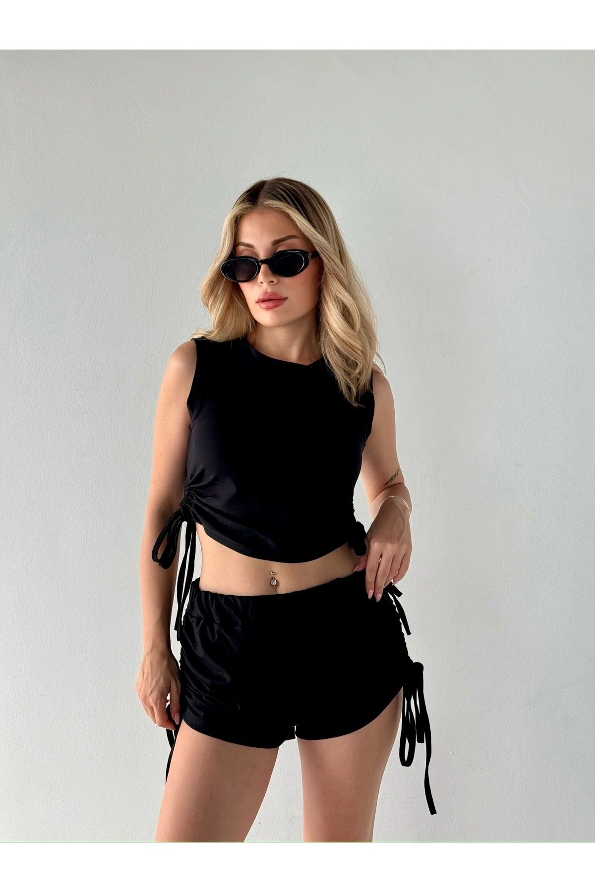 İkili Büzgülü Siyah Kadın Alt-Üst Takım