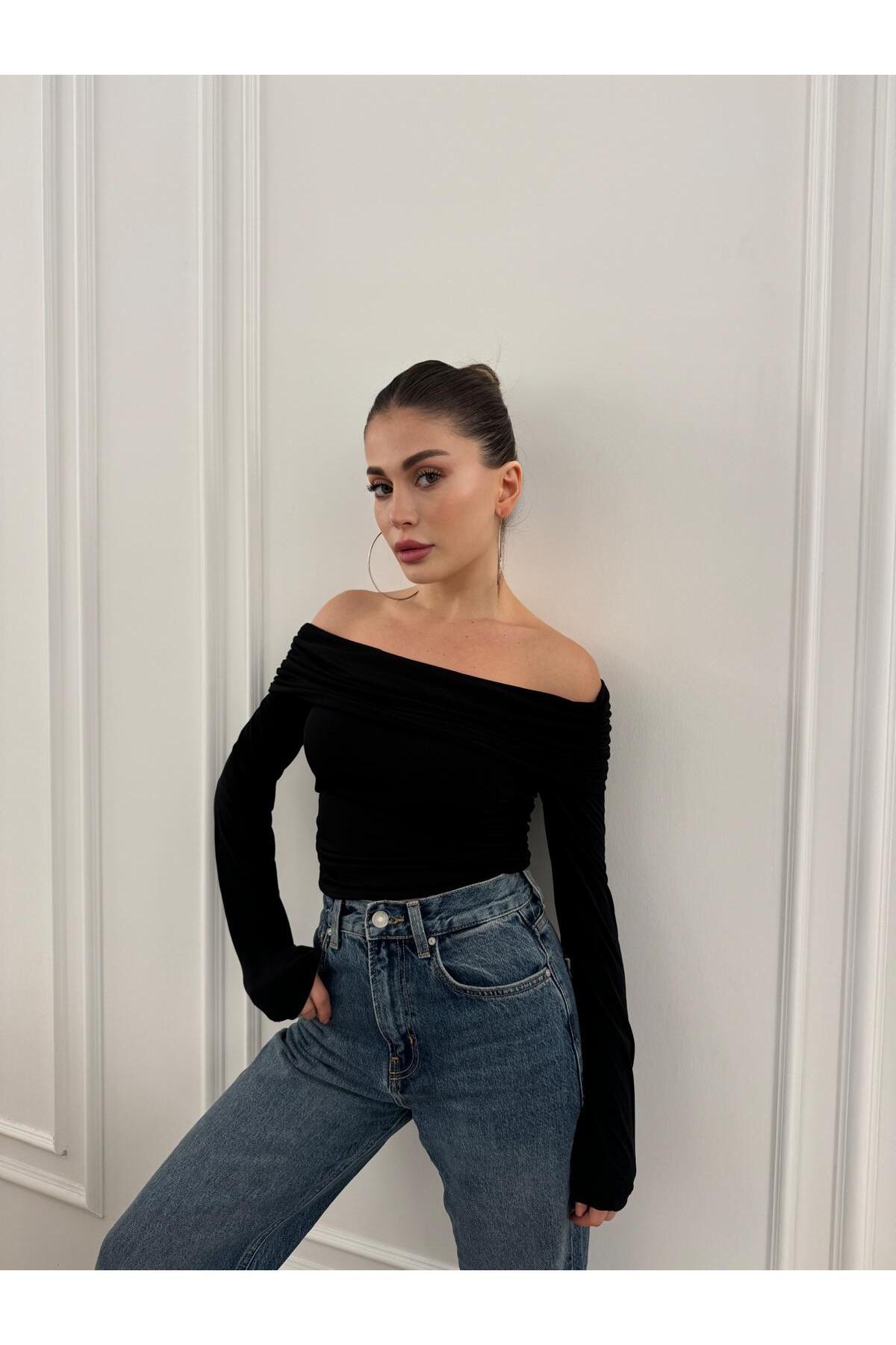 Madonna Yaka Uzun Kollu Kadın Bluz Siyah