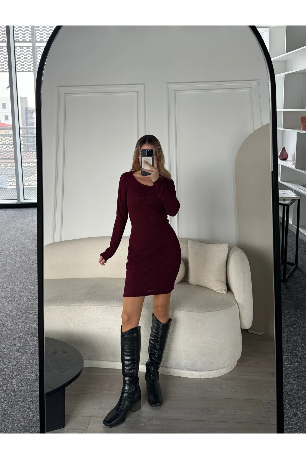 Mh Bisiklet Yaka Bordo Mini Elbise