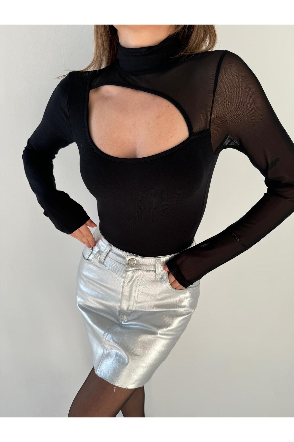 TÜL DETAYLI TEK OMUZ BLUZ