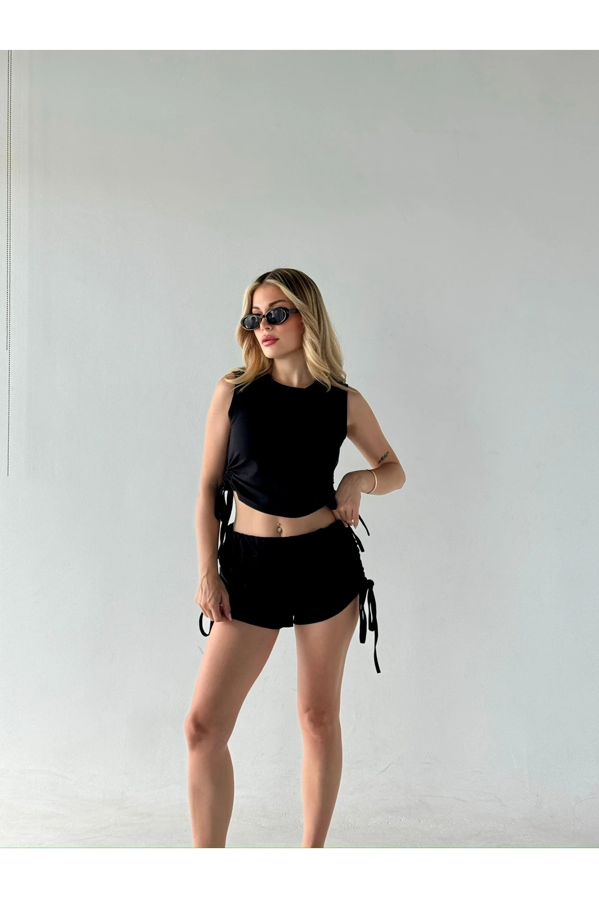 İkili Büzgülü Siyah Kadın Alt-Üst Takım