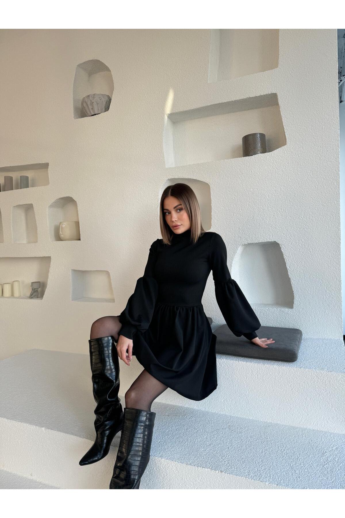 BALIKÇI YAKA VOLENLİ ELBİSE