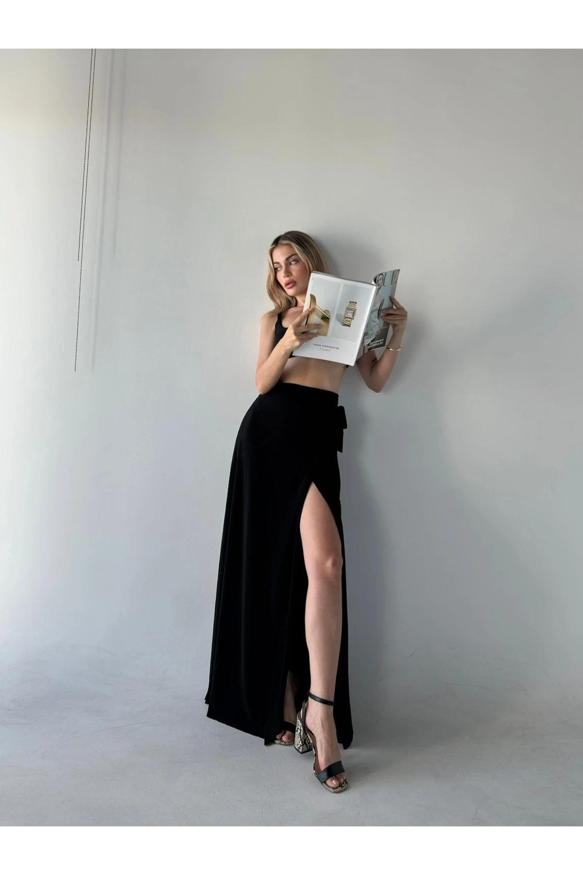 Kadın Alamode Siyah Etek Büstiyer 2'li Takım Yırtmaç Detaylı