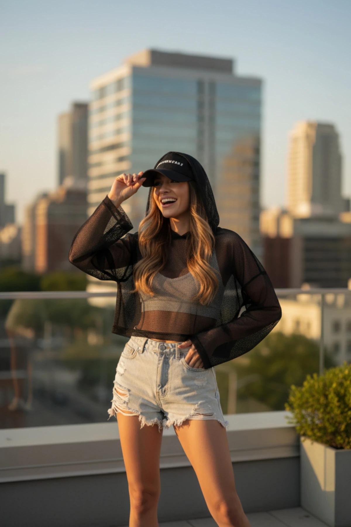 Kapişonlu File Oversize Crop