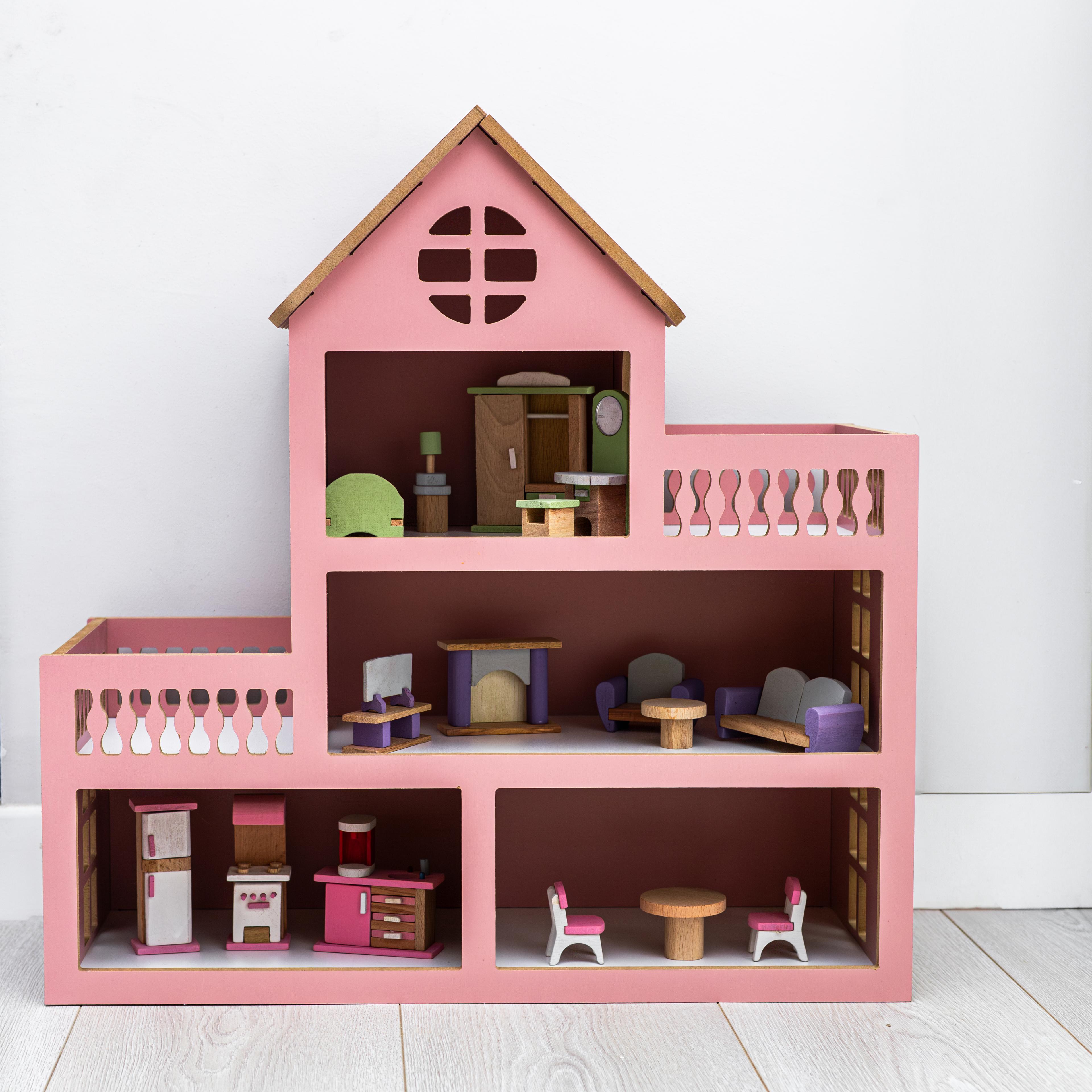 Ahşap Oyuncak Barbie Evi 20 Parça Eşyalı Set Hediyeli