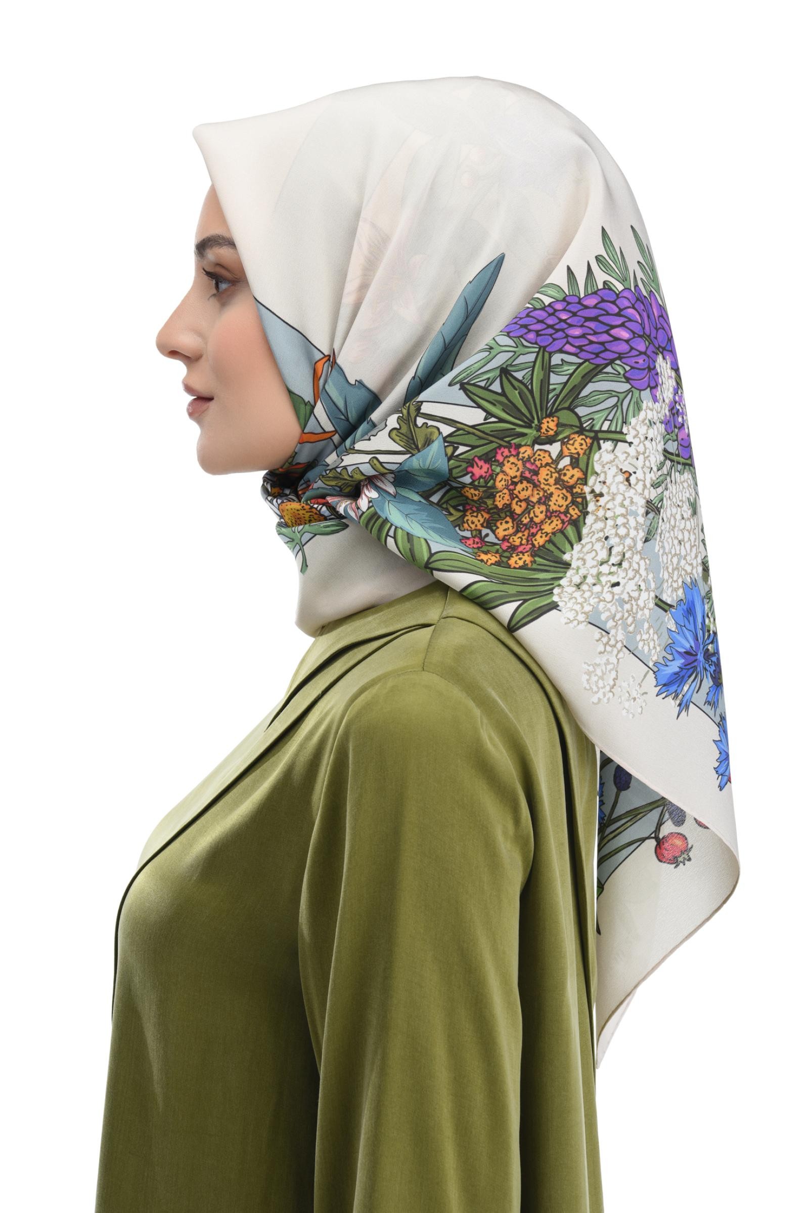 Desenli Twill Eşarp - Ekru
