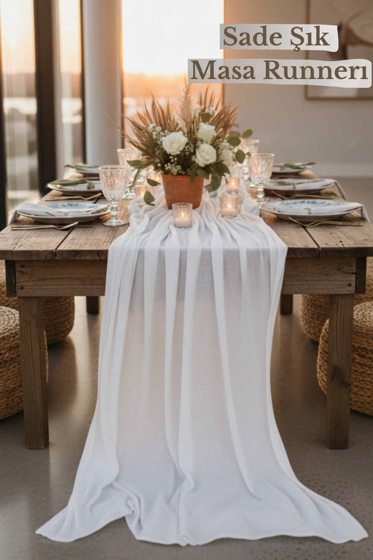 Püsküllü Bohem Runner Masa Örtüsü (%100 Pamuk) - Beyaz - 90 x 200
