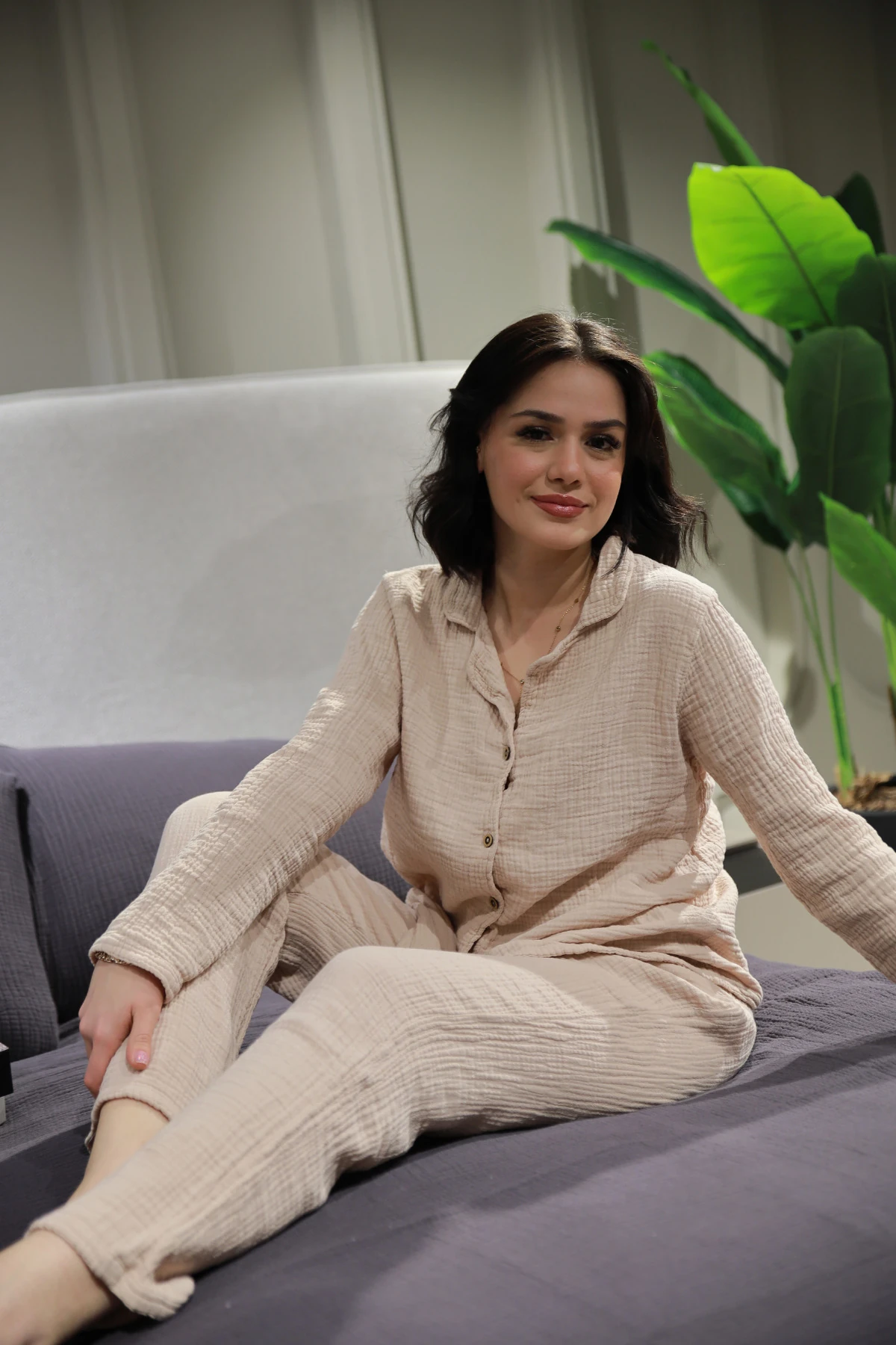 Doğal Pamuk Müslin Kadın Pijama Takımı (Uzun Kollu) - Taş Rengi -