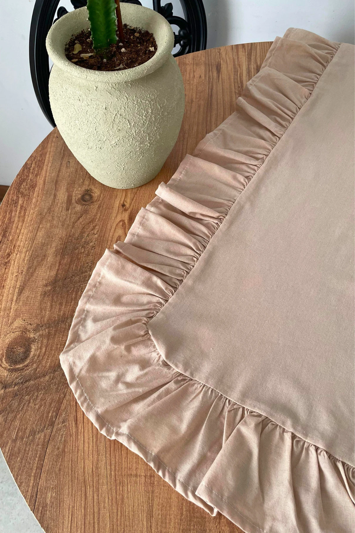 Fırfırlı Keten Runner - Bej - 40 x 110