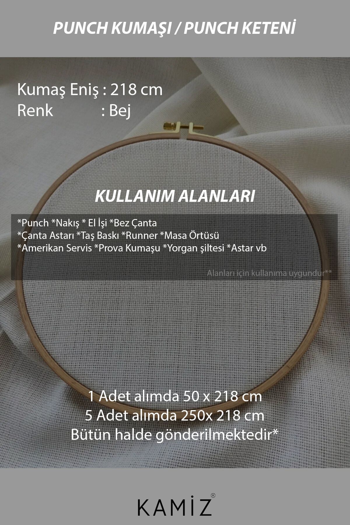 Doğal Pamuk Keten Punch Kumaşı - Bej - 50 x 220