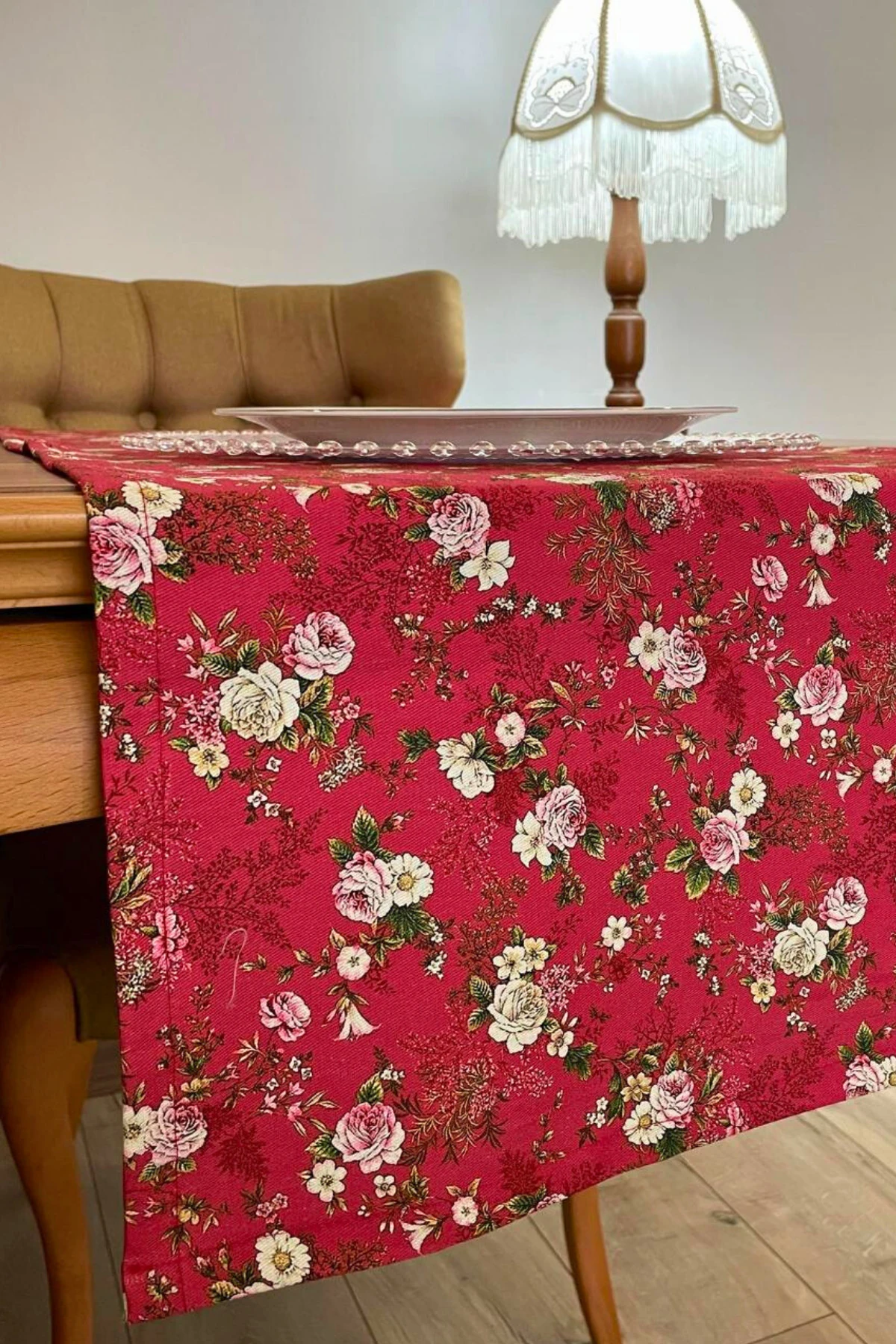 Kırmızı Çiçek Desenli Runner - Kırmızı - 40 x 150