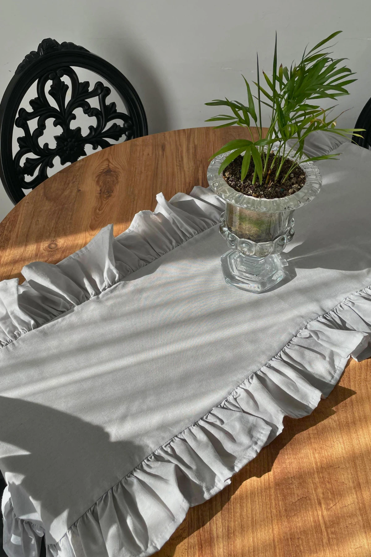 Fırfırlı Keten Runner - Gri - 40 x 110