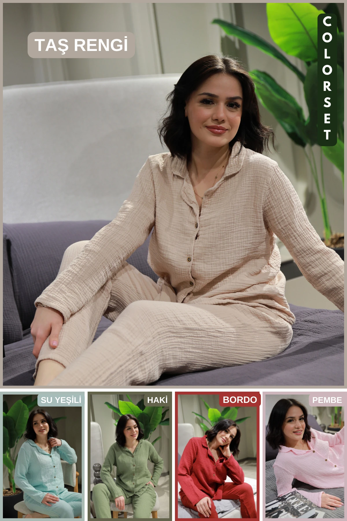 Doğal Pamuk Müslin Kadın Pijama Takımı (Uzun Kollu) - Taş Rengi -