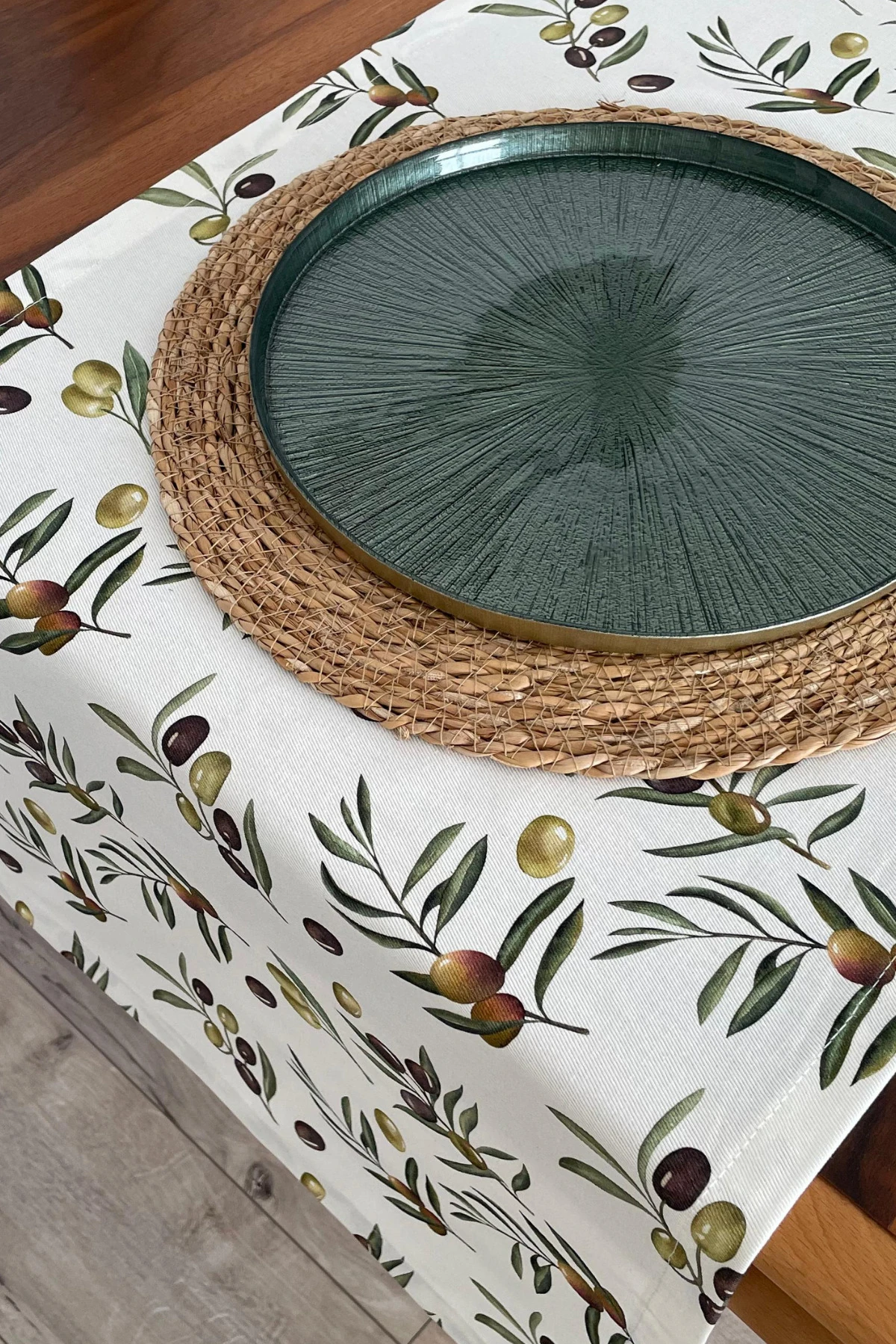 Zeytin Desenli Runner - Zeytin Yeşili - 40 x 150