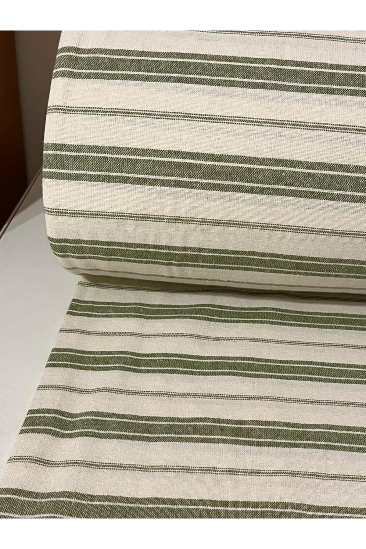 Yeşil Çizgili Pamuk Keten Kumaş - Yeşil - 100 x 230