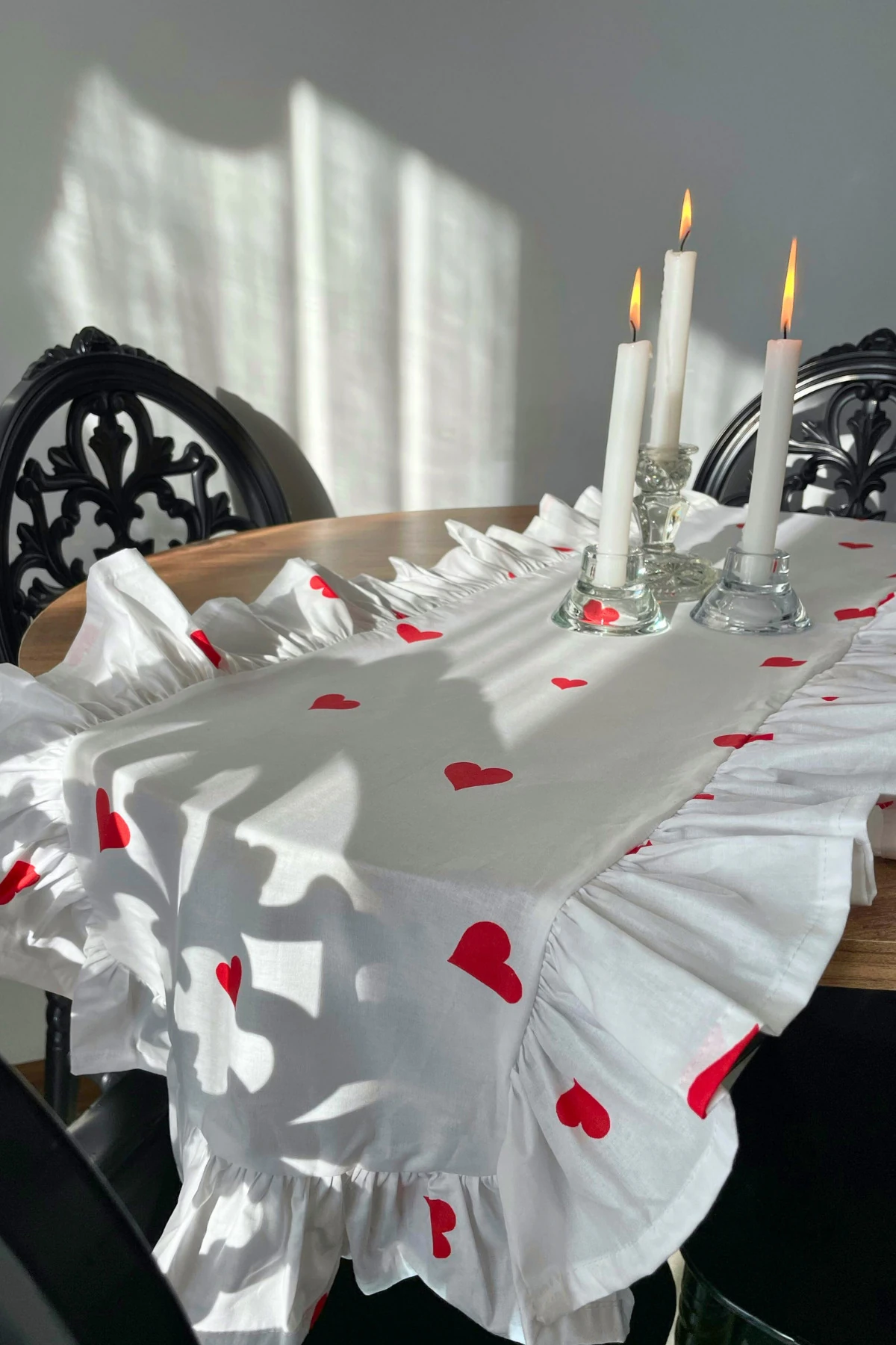 Fırfırlı Kalp Desenli Runner - Kırmızı - 40 x 110