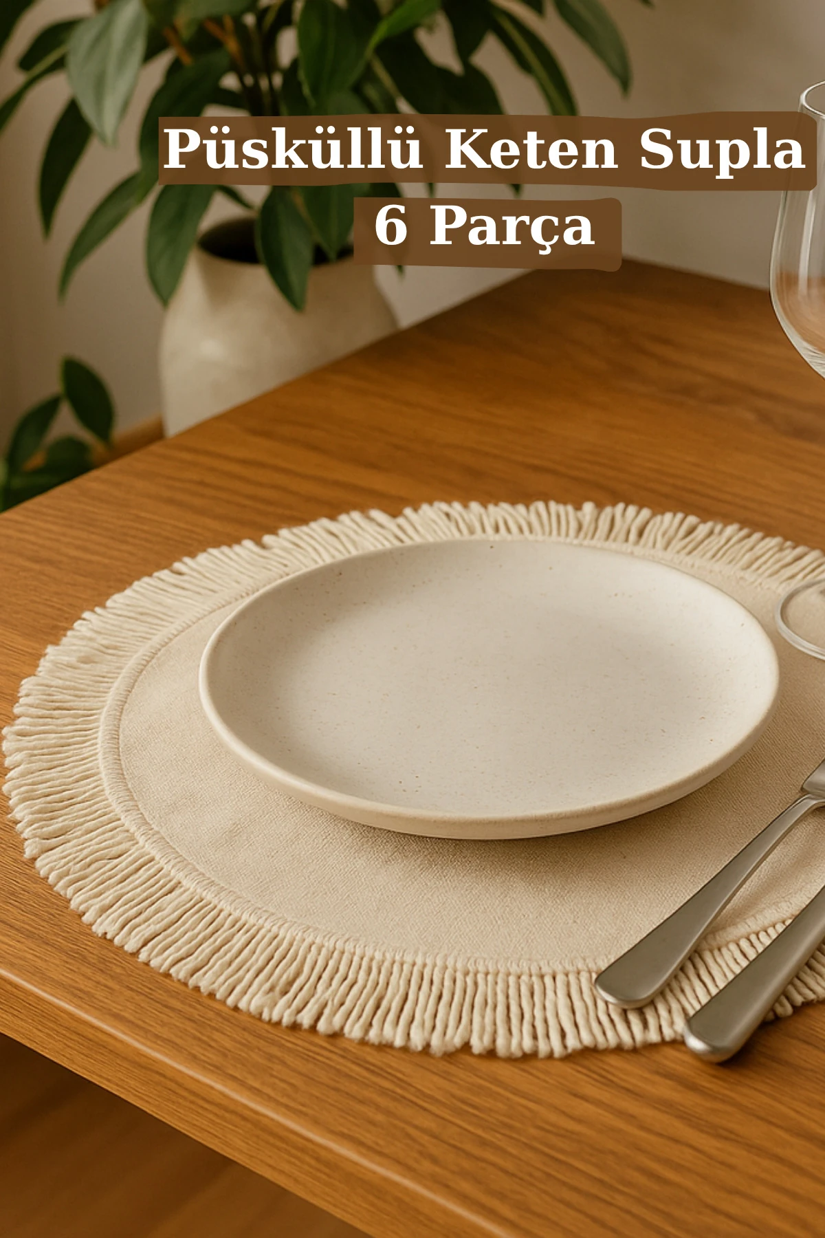 Püsküllü Keten Amerikan Servis Seti (6 Adet) - Doğal Bej - 40 x 40