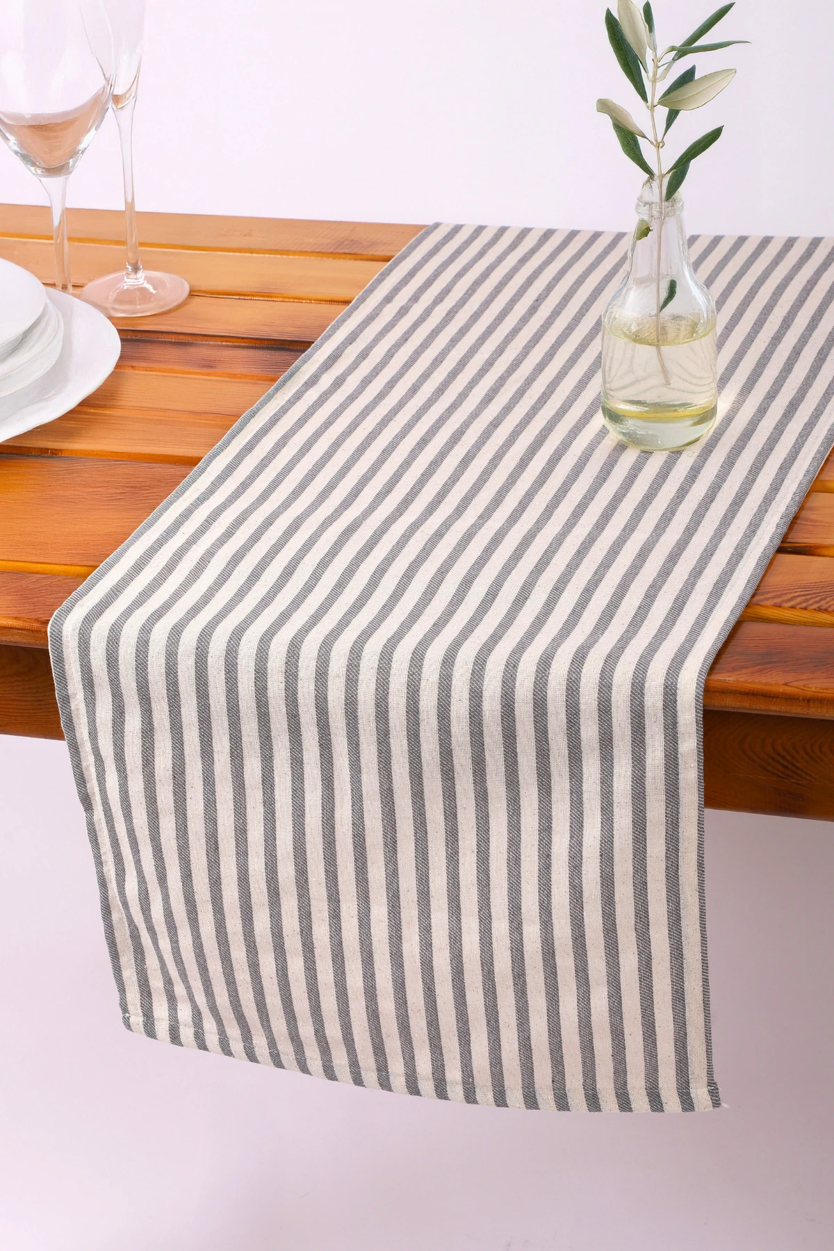 Gri Çizgili Keten Runner - Çizgili Gri - 40 x 150