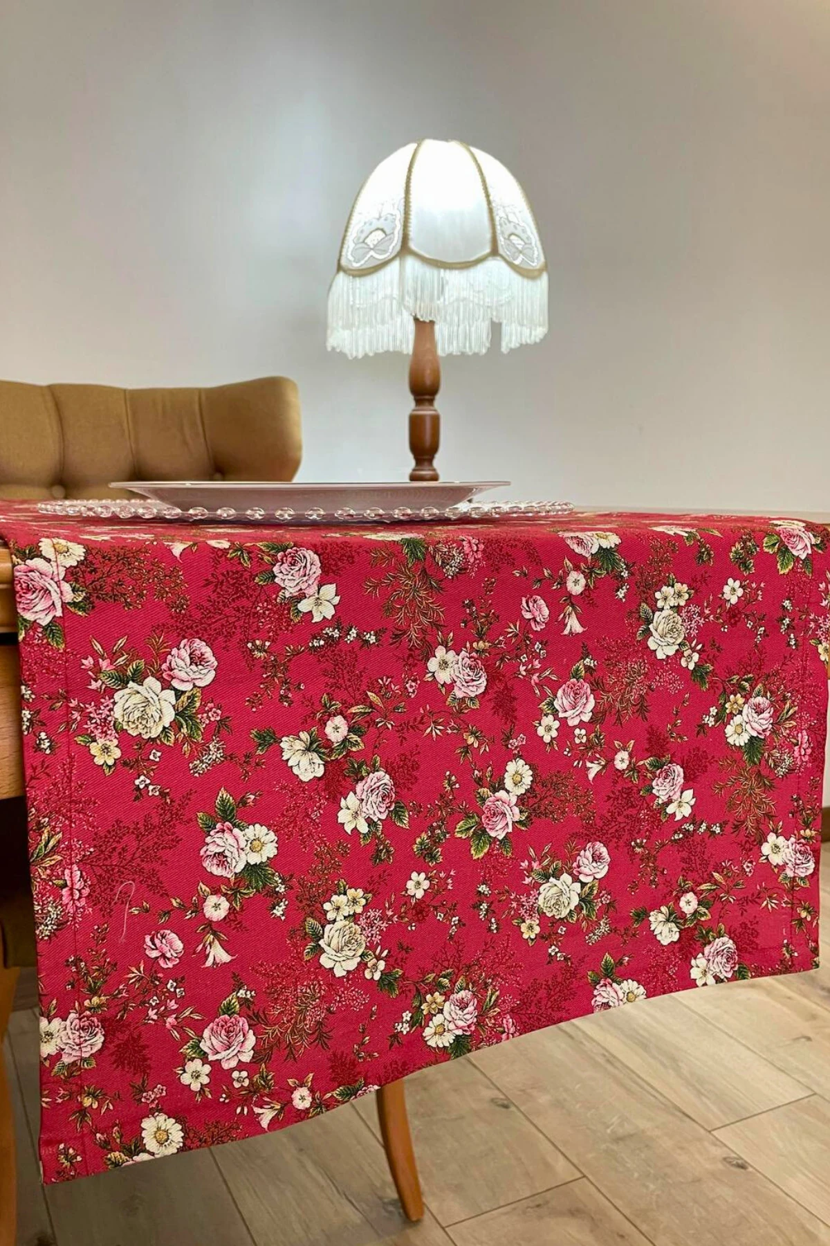 Kırmızı Çiçek Desenli Runner - Kırmızı - 40 x 150