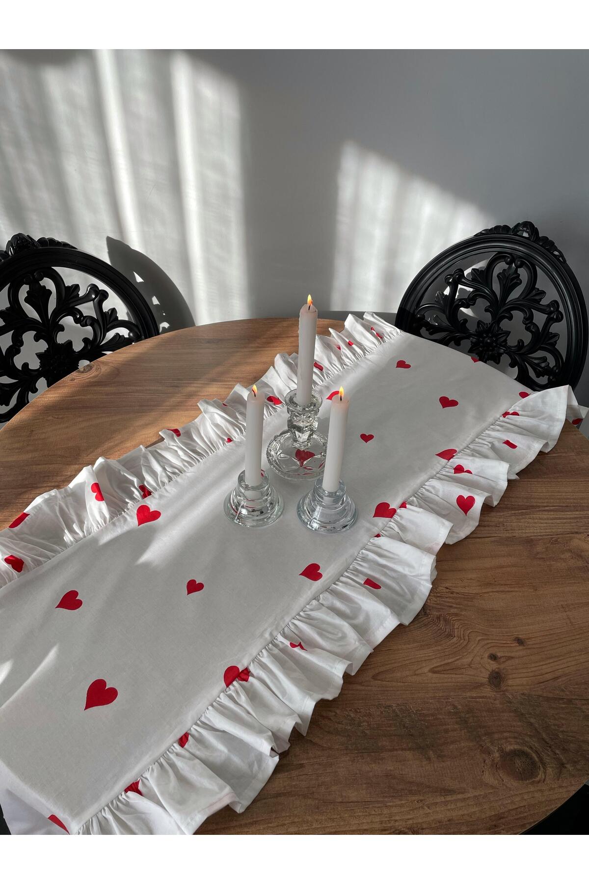 Fırfırlı Kalp Desenli Runner - Kırmızı - 40 x 110