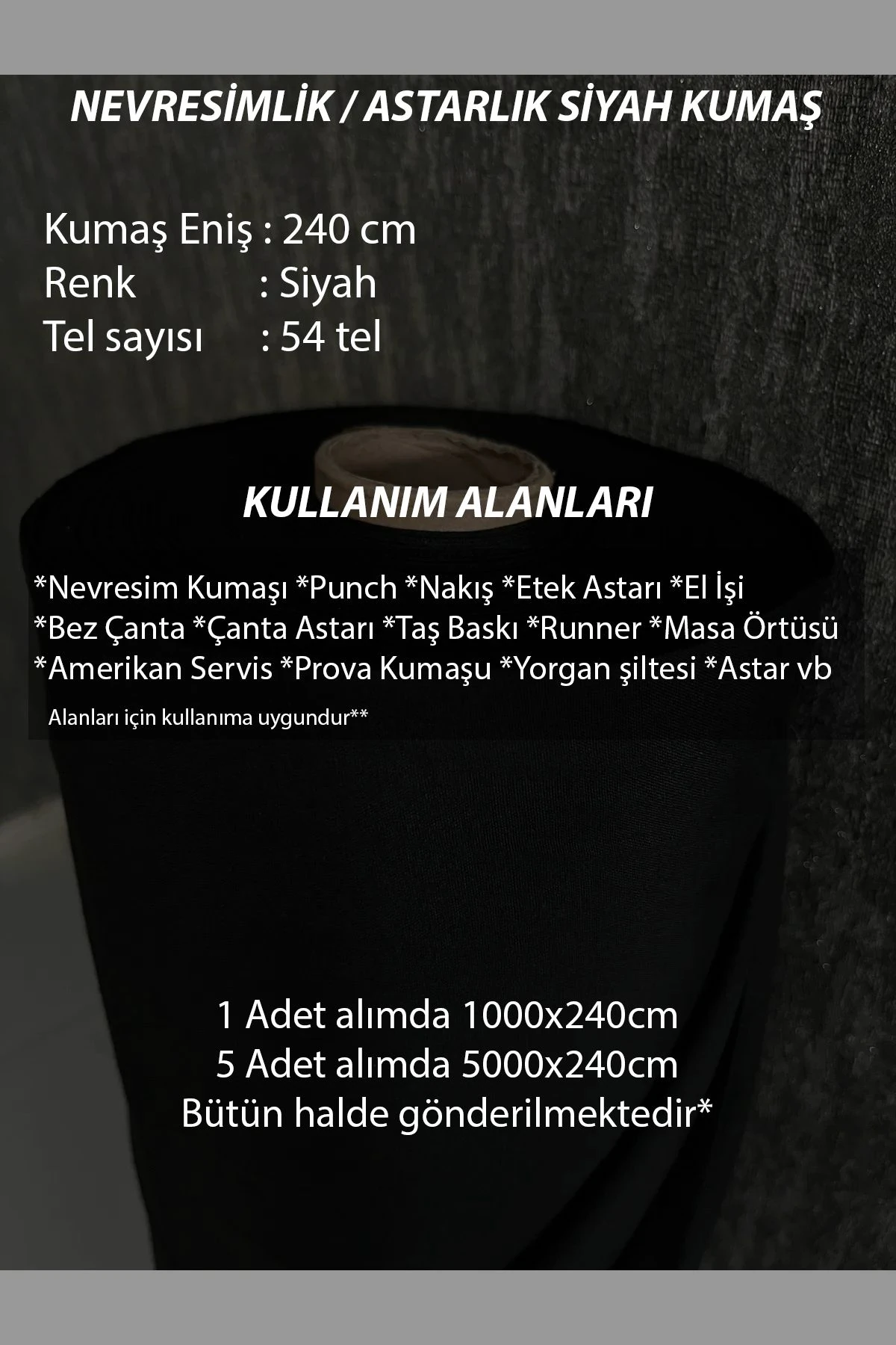 10 Metre Siyah Amerikan Bezi Kumaş - Siyah - 100 x 240