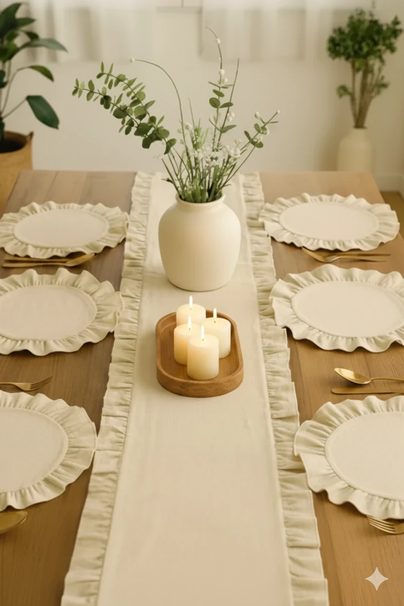 Fırfırlı Keten Runner & 6'lı Fıfırlı Supla Seti - Premium Seri 7 Parça Çeyiz Seti 40x110cm