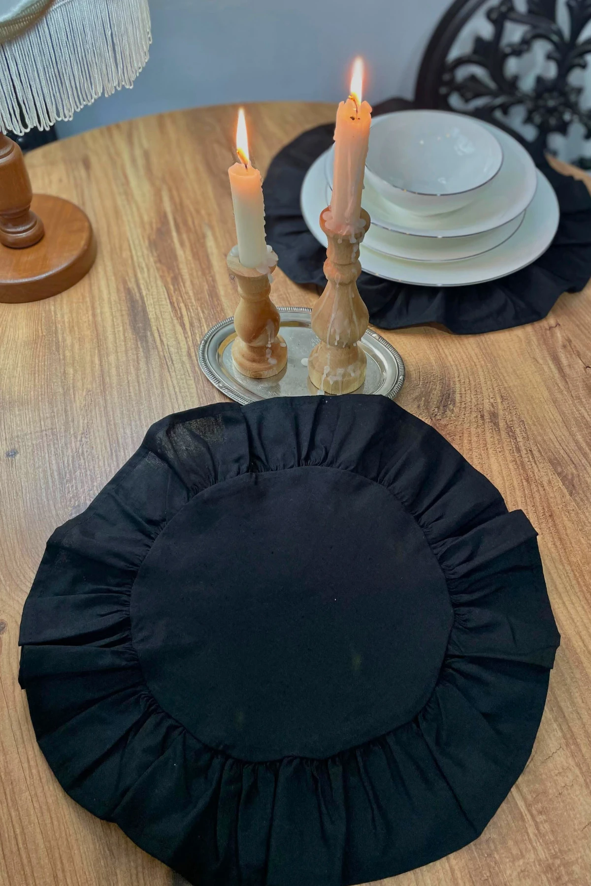 Fırfırlı Keten Yuvarlak Supla Seti - Siyah (6'lı)  - 40 x 40