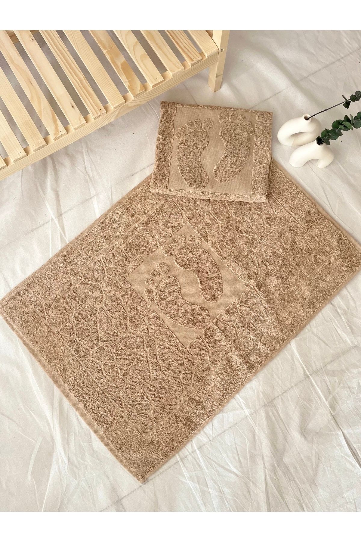 Ayak Desenli Pamuklu Banyo Paspası - Sütlü kahve - 50 x 70