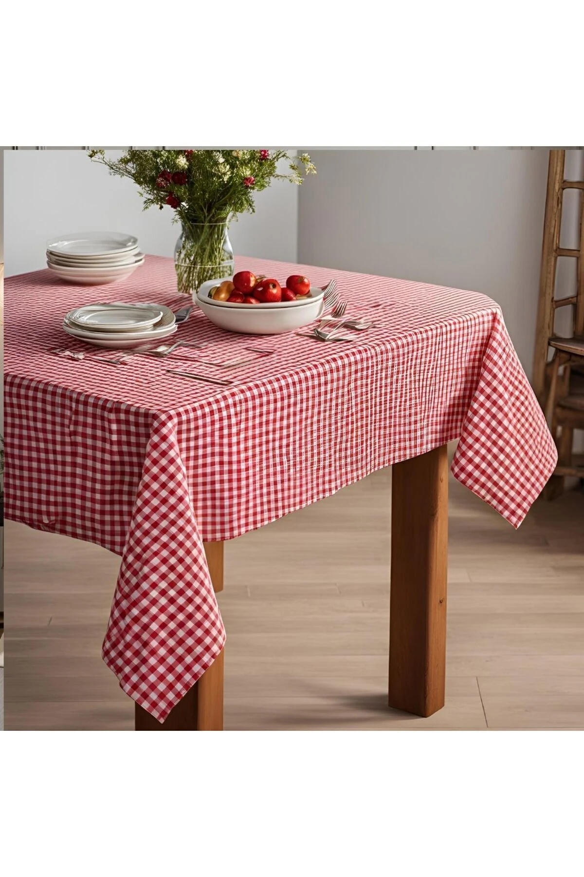 Pötikareli Kırmızı Keten Masa Örtüsü / Piknik Örtüsü - Kırmızı - 110 x 110