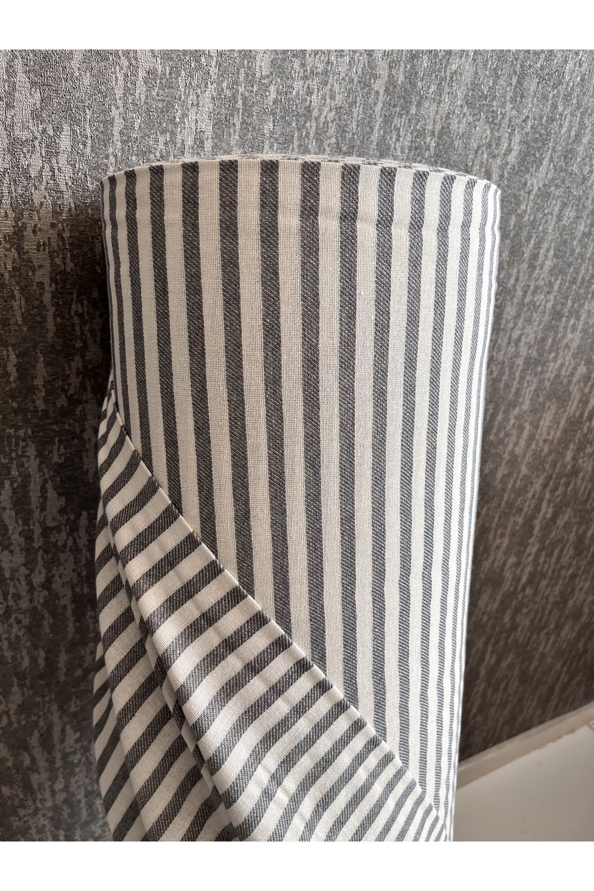 Yıkanmış Çizgili Keten Kumaş - Antrasit - 100 x 230