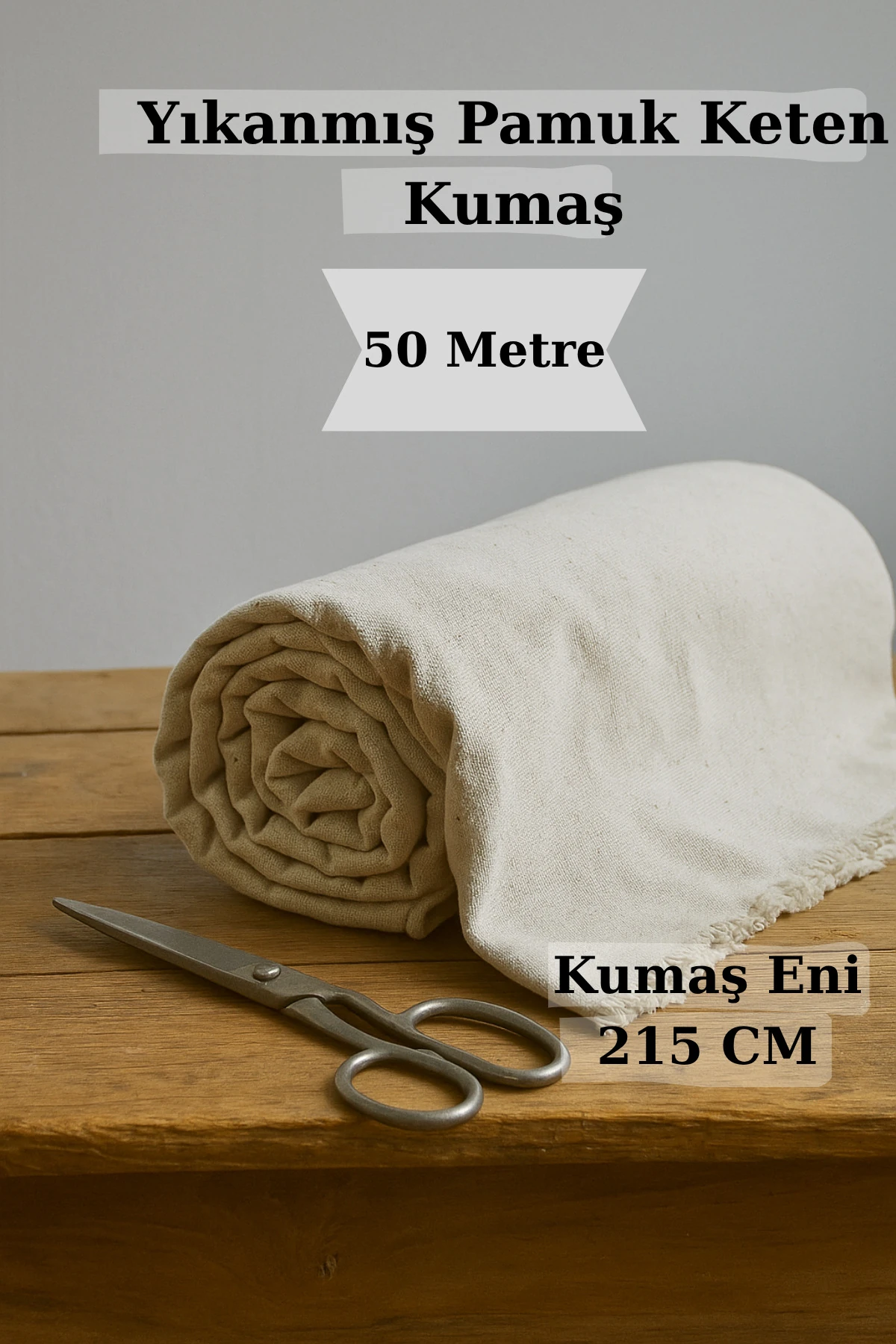 50 Metre Yıkanmış Pamuk Keten Kumaş - Bej - 100 x 210