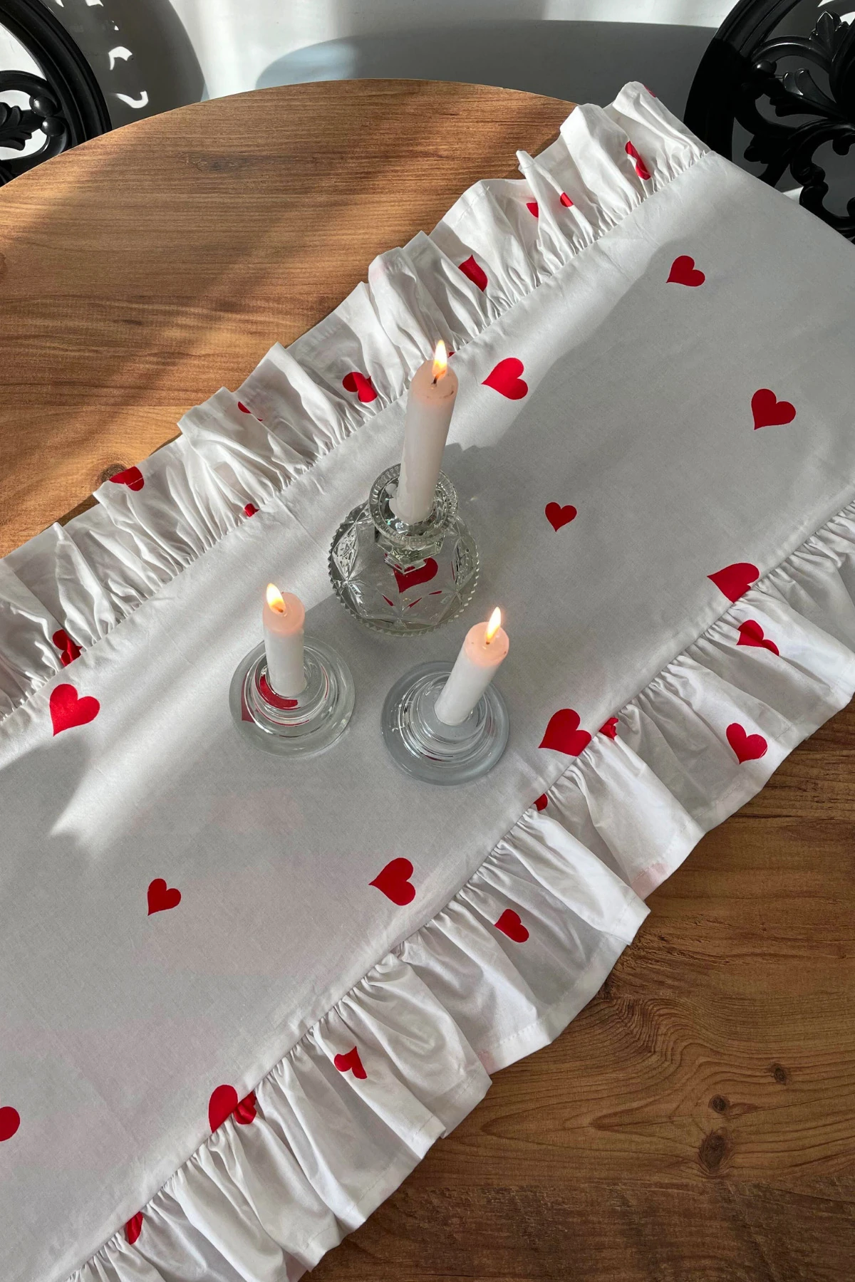 Fırfırlı Kalp Desenli Runner - Kırmızı - 40 x 110