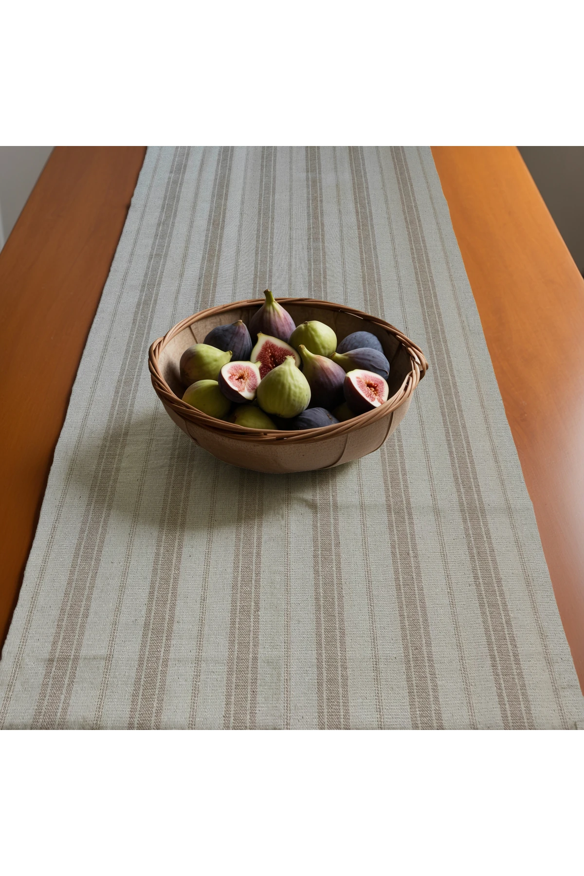 Sütlü Kahve Çizgili Keten Runner - Kahverengi - 40 x 150