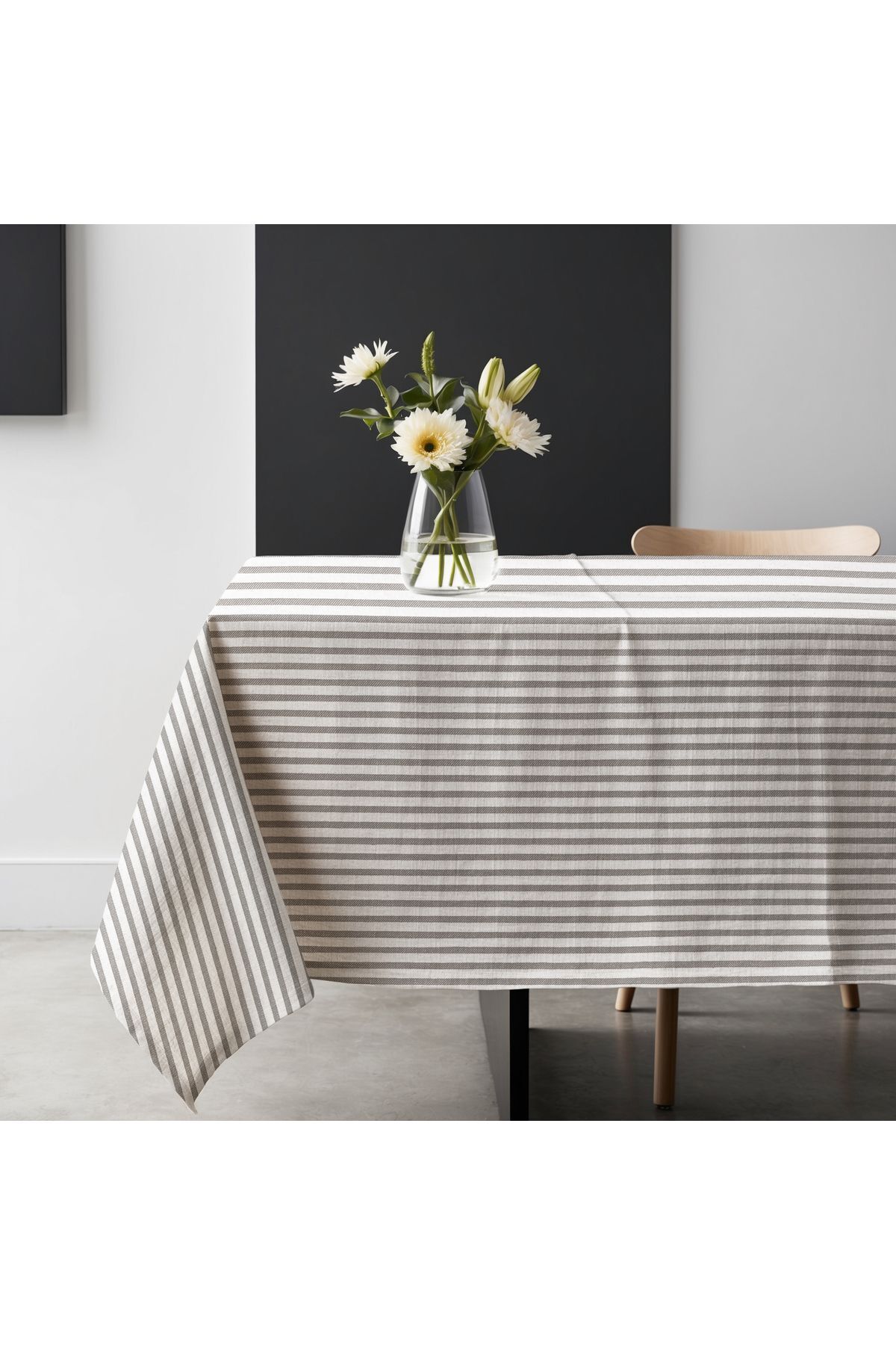 Gri Çizgili Keten Masa Örtüsü - Gri - 180 x 220