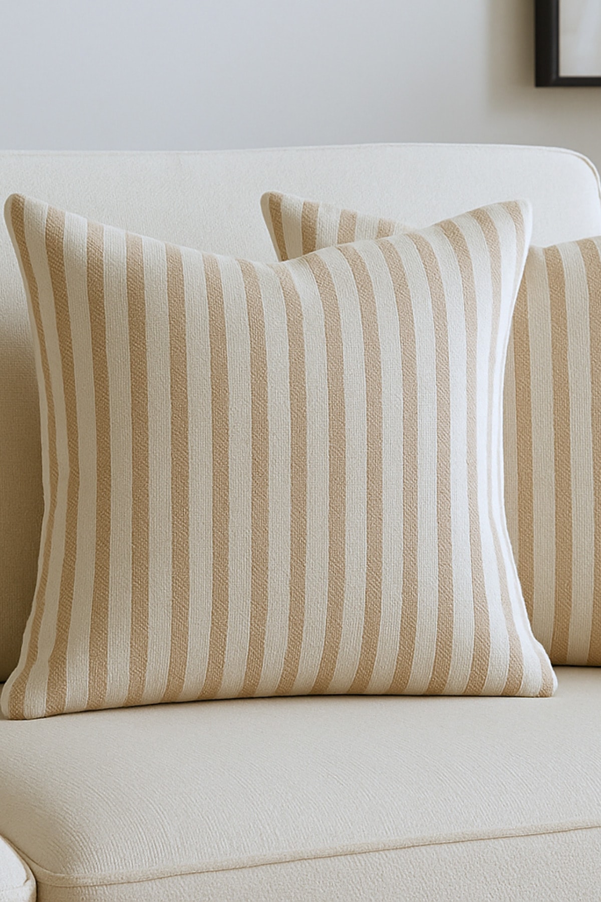 Çizgili Pamuk Keten Kırlent Kılıfı (2'li Set) - Sütlü Kahve - 43 x 43