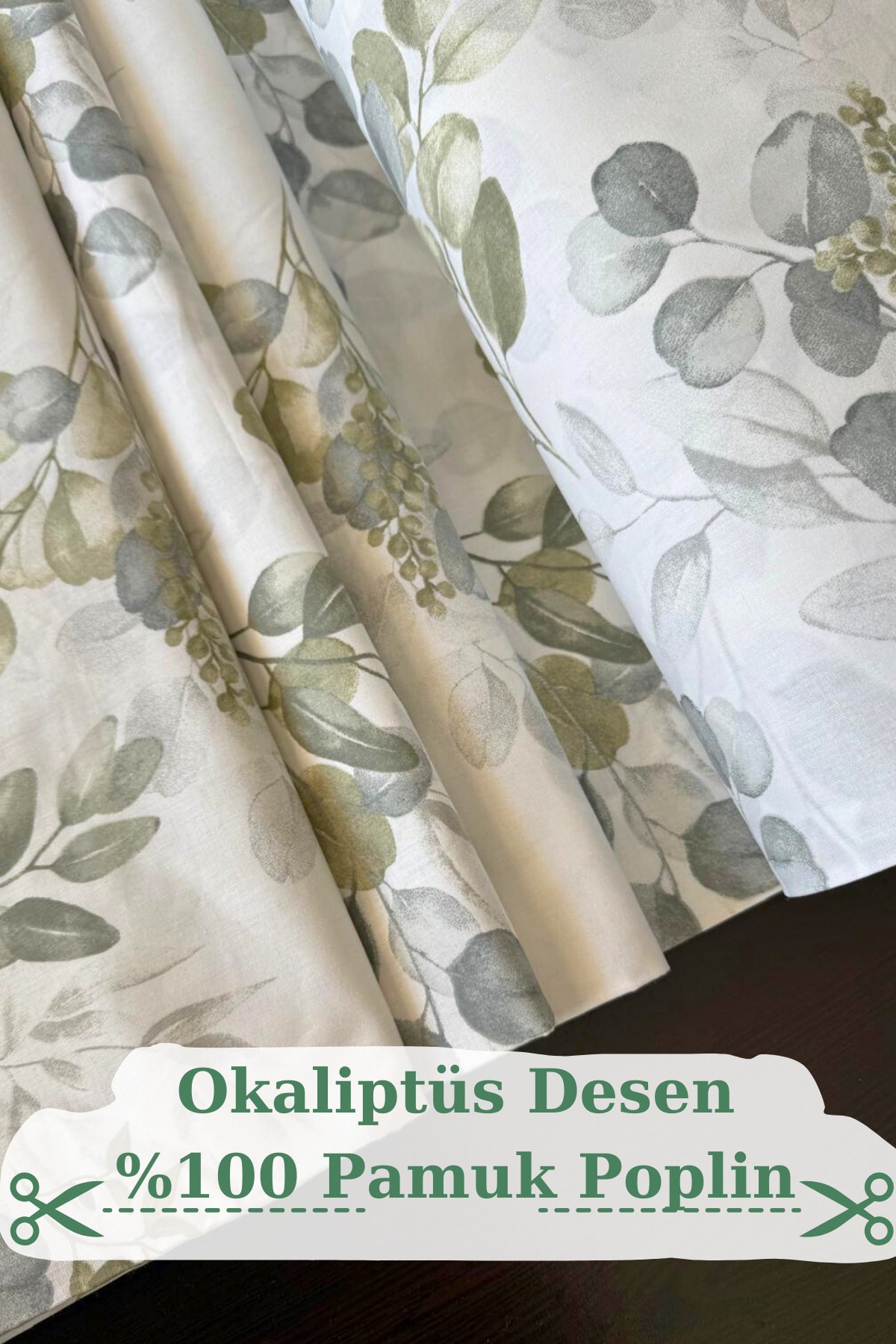 Okaliptüs Desenli Poplin Kumaş - Haki - 100 x 240