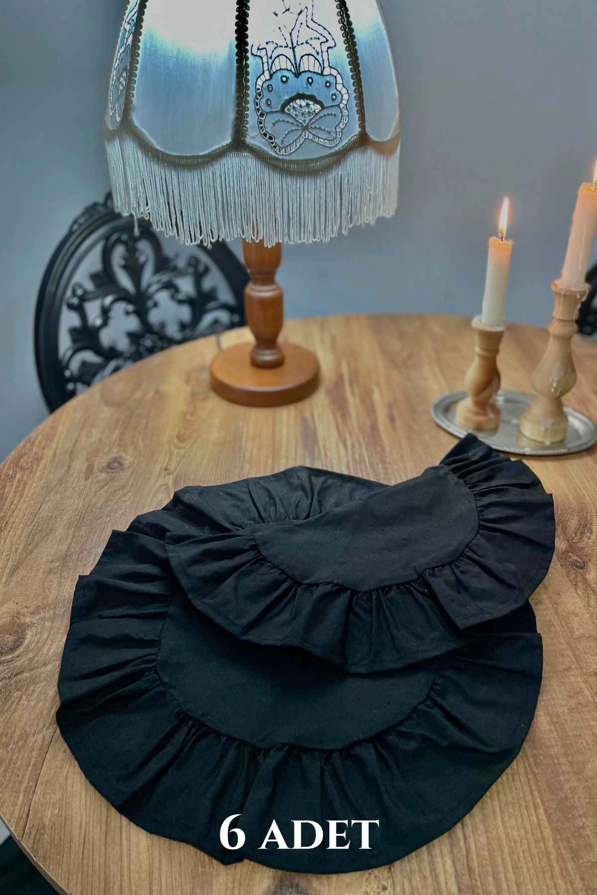 Fırfırlı Keten Yuvarlak Supla Seti - Siyah (6'lı)  - 40 x 40