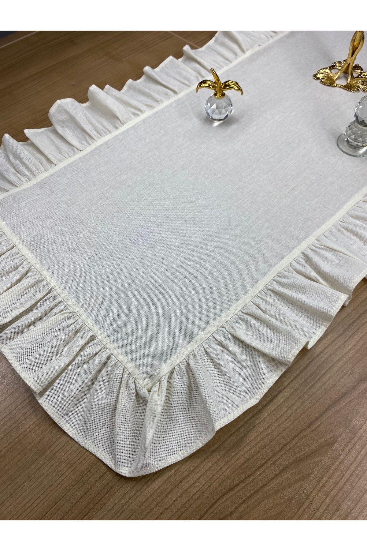 Fırfırlı Ham Keten Runner - Bej - 40 x 110