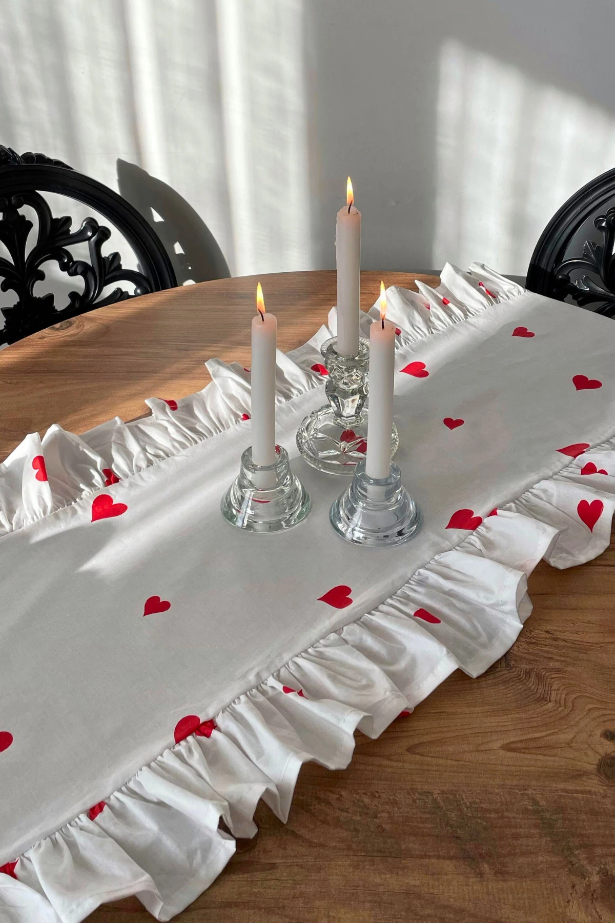 Fırfırlı Kalp Desenli Runner - Kırmızı - 40 x 110