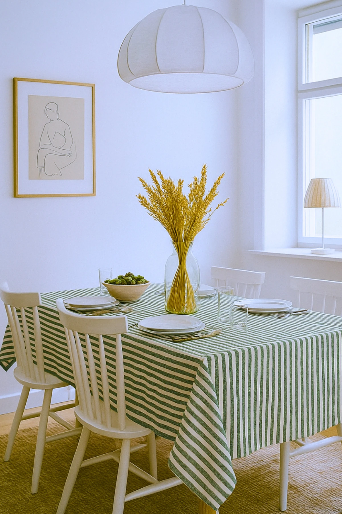 Zümrüt Yeşil Çizgili Keten Masa Örtüsü - Zümrüt Yeşil - 180 x 220