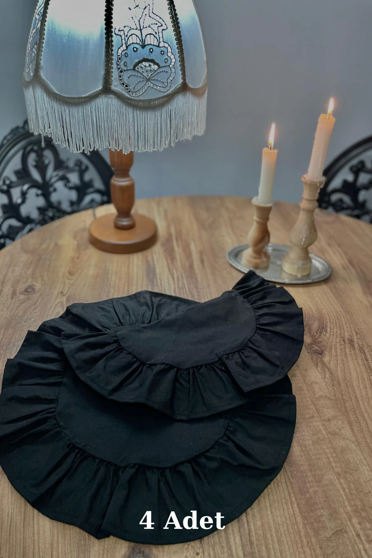 Fırfırlı Siyah Yuvarlak Supla Seti - 4'lü - Siyah - 40 x 40
