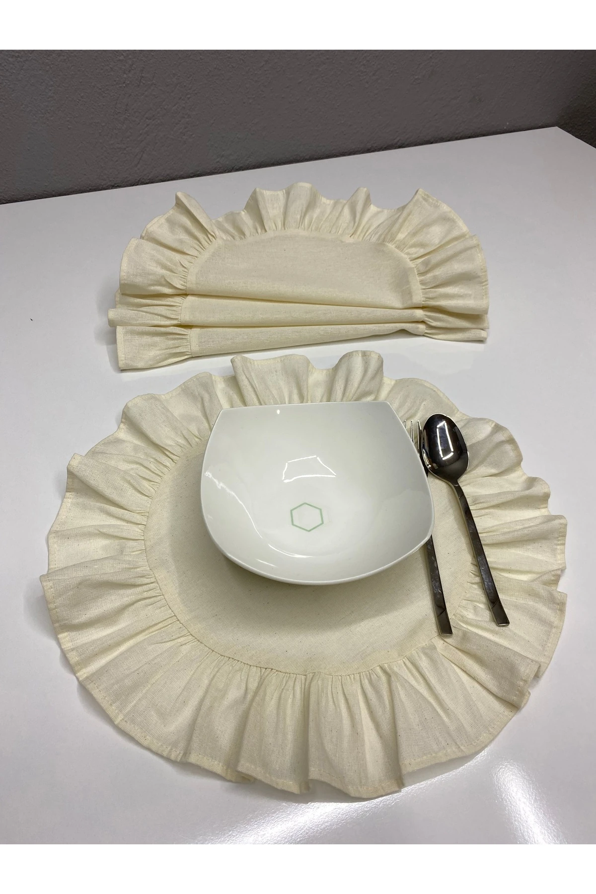 Fırfırlı Ham Keten Yuvarlak Supla Seti - Bej (6'lı) - Bej - 40 x 40