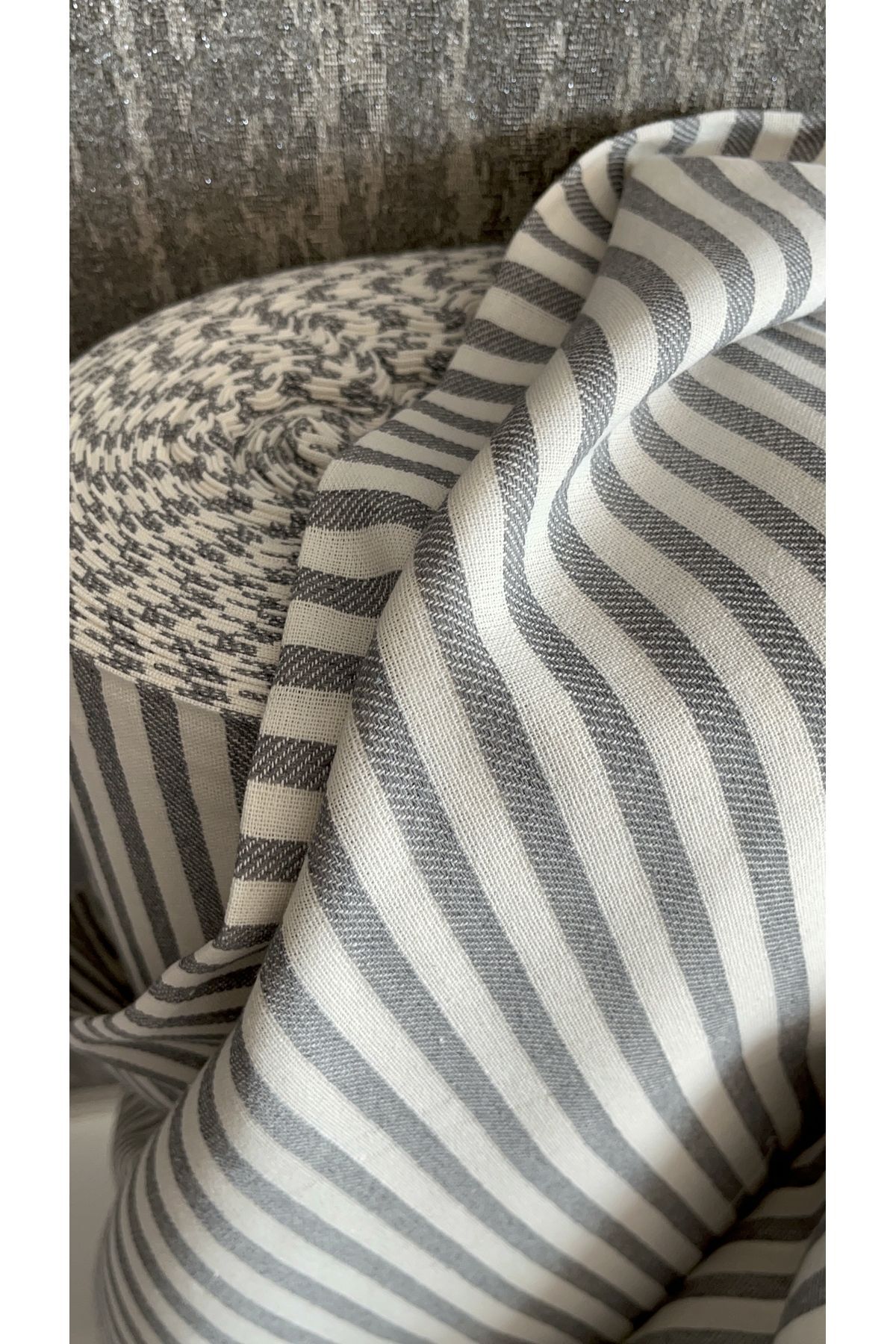 Yıkanmış Çizgili Keten Kumaş - Antrasit - 100 x 230