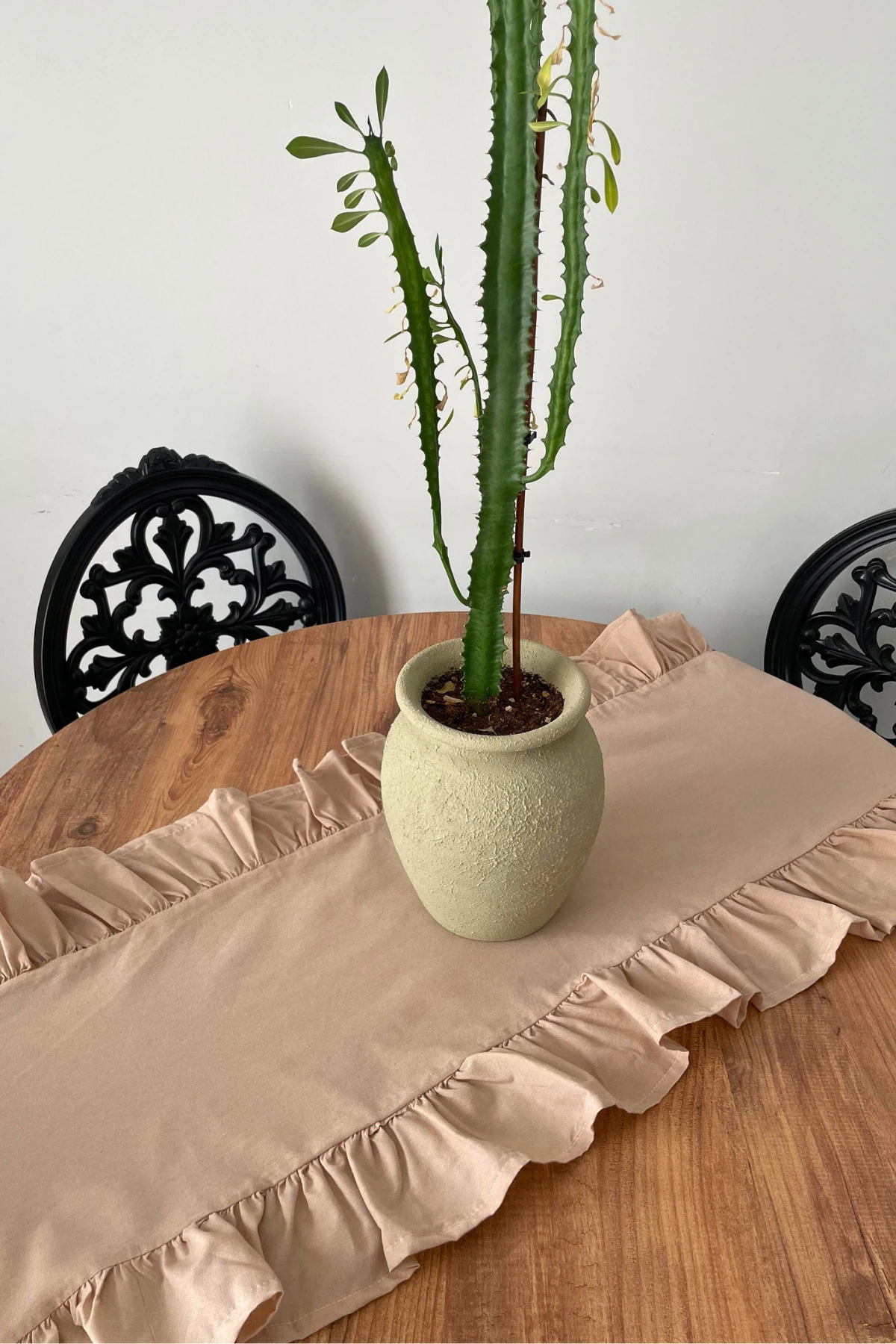 Fırfırlı Keten Runner - Bej - 40 x 110